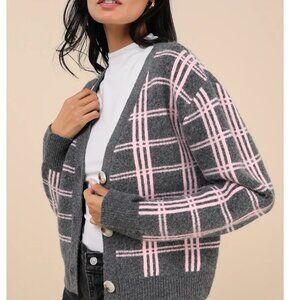 Lulus Ideal Crush Charcoal Grey And Pink Plaid Cardigan - Size L